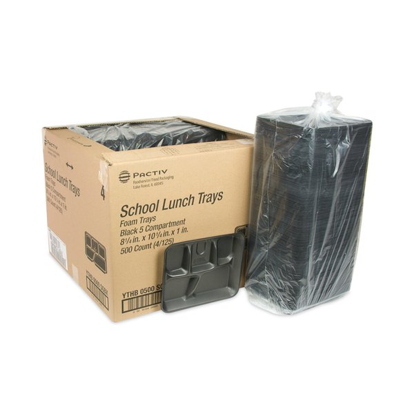 Lightweight Foam School Trays, 5-Comp, 8.25 x 10.25 x 1, Black, PK500 PK