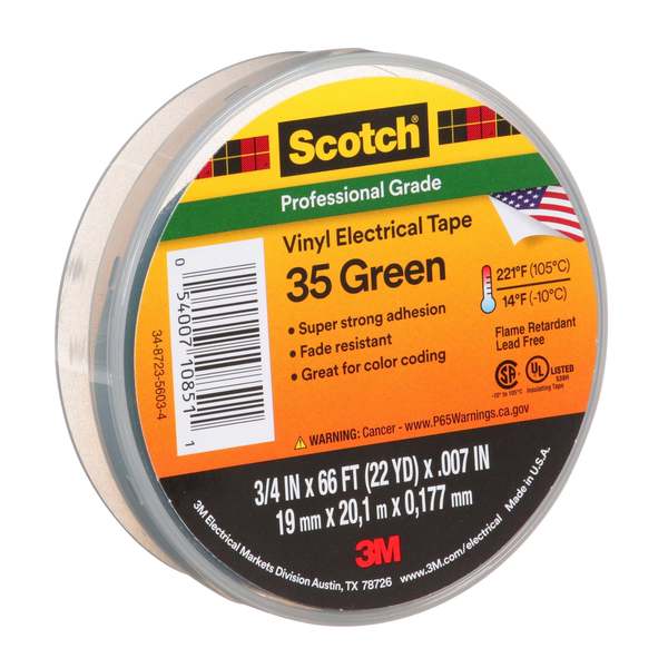 Vinyl Electrical Tape, 35, Scotch, 3/4 in W x 66 ft L, 7 mil thick, Green, 1 Pack