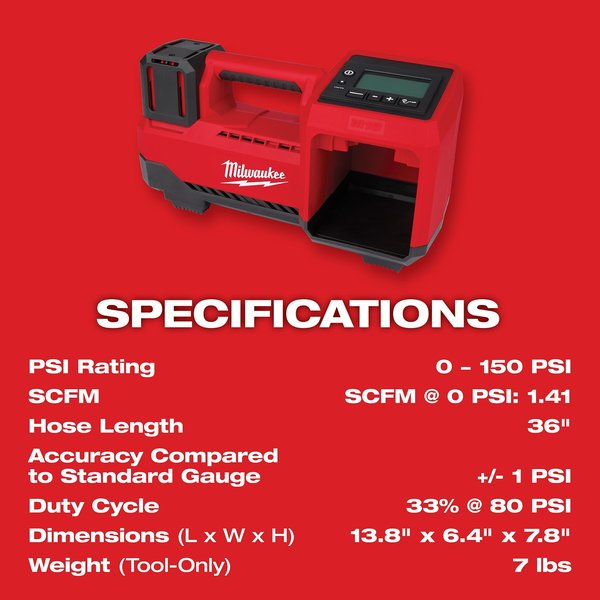M18 Cordless Inflator, 150 psi Max., 36 in Hose Length, Bare Tool
