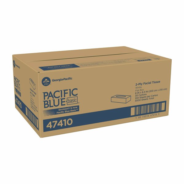 Facial Tissue, Pacific Blue Basic, 2 Ply, 8 in x 8 1/4 in Sheet, Flat Box, 100 Sheets/Box, 30 Pack