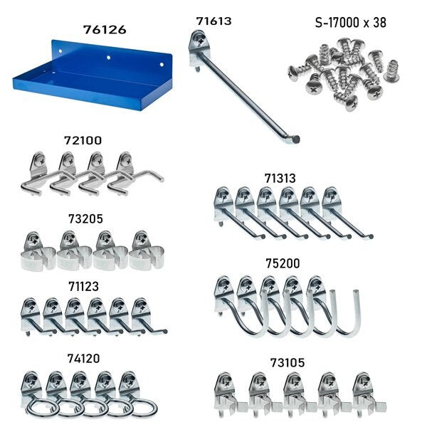 12 In. W x 6 In. D Blue Epoxy Coated Steel Pegboard Shelf 36 pc. DuraHook Pegboard Hook Assortment