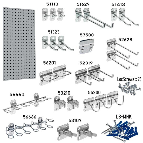 (1) 18 In. W x 36 In. H Gray Epoxy 18-Gauge Steel Square Hole Pegboard 18 pc. LocHook Assortment