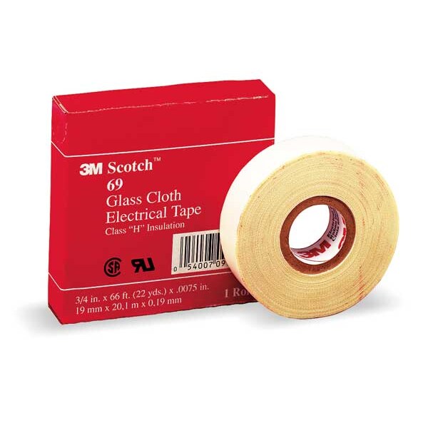Glass Cloth Electrical Tape, 69, Scotch, 3/4 in W x 66 ft L, 7 mil thick, White, 1 Pack