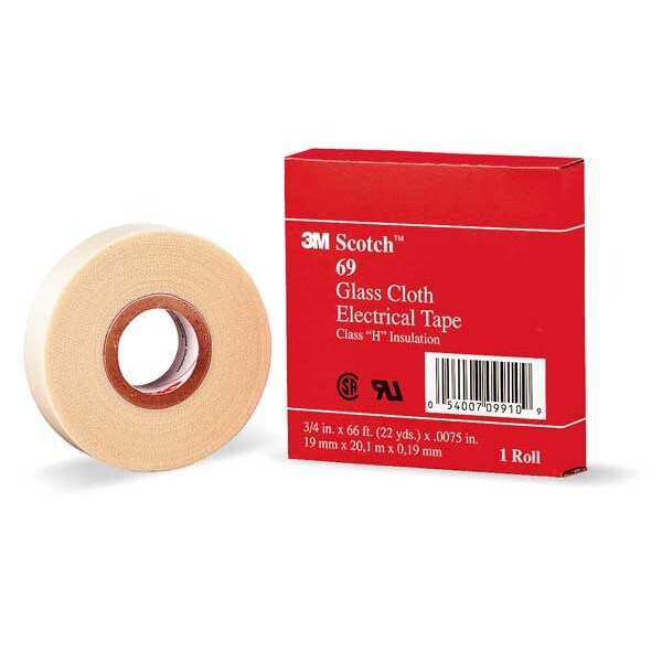 Glass Cloth Electrical Tape, 69, Scotch, 3/4 in W x 66 ft L, 7 mil thick, White, 1 Pack