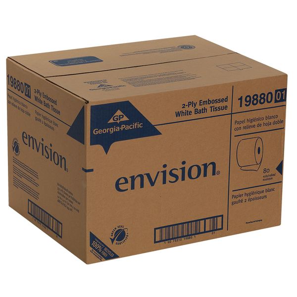 Envision Toilet Paper, 2 Ply, 550 Sheets/Roll, 4 in x 4 in Sheets, Std Core, White, 80 Pack