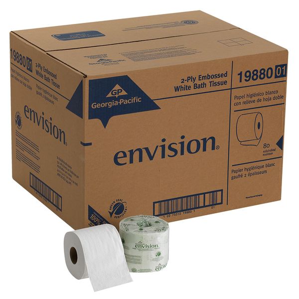 Envision Toilet Paper, 2 Ply, 550 Sheets/Roll, 4 in x 4 in Sheets, Std Core, White, 80 Pack
