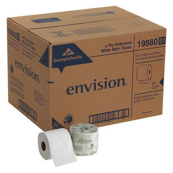 Envision Toilet Paper, 2 Ply, 550 Sheets/Roll, 4 in x 4 in Sheets, Std Core, White, 80 Pack