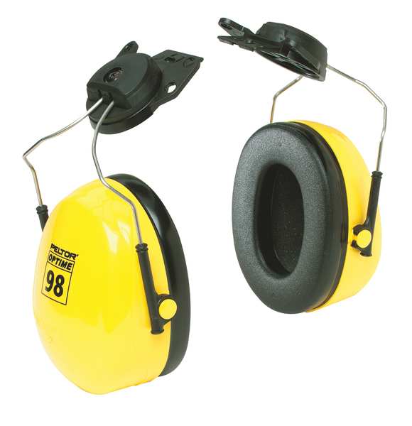 Peltor Optime 98 Hard Hat-Mounted Earmuffs, Dielectric, Passive, NRR 23 dB, Black/Yellow