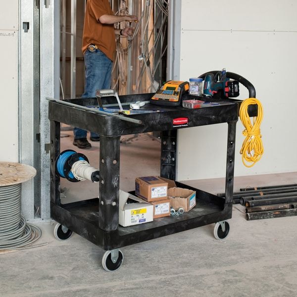 Plastic Utility Cart with Deep Lipped Plastic Shelves, Ergonomic, 2 Shelves, 500 lbs.