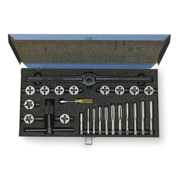 25PC HSSPlugHandTap & CarbonRound Adj Die Set Cle-Line 11 Sizes 1/4-20 To 1/2-20, 1/8-27 UNC, UNF, NPT