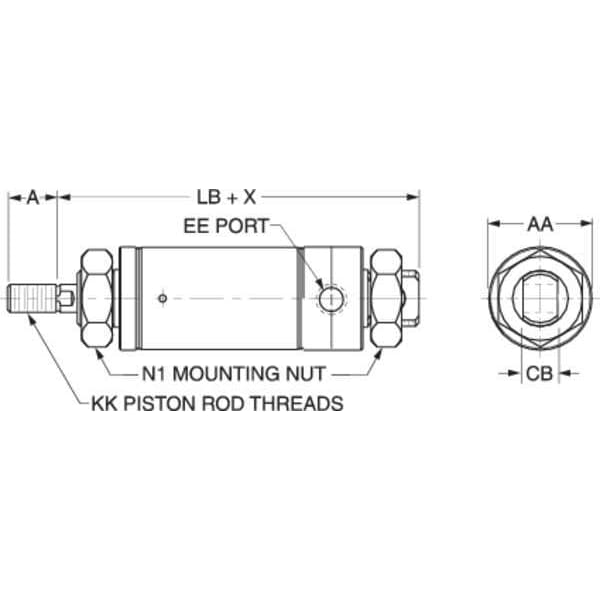 Air Cylinder, 1 1/2 in Bore, 3 in Stroke, Round Body Single Acting