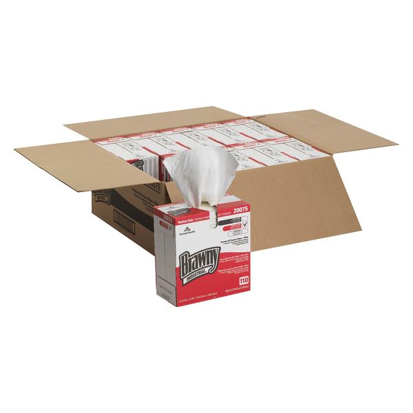Dry Wipe Dispenser Box, Brawny Pro, Double Recreped DRC, 110 Wipes, 9 1/4 in x 16 in, White, 10 Pk