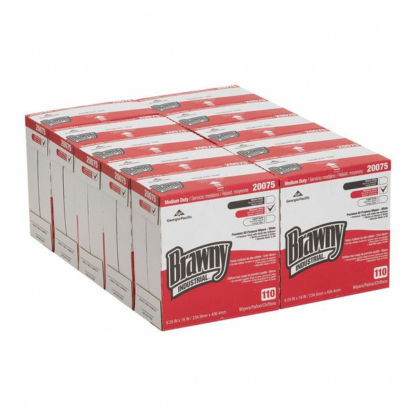 Dry Wipe Dispenser Box, Brawny Pro, Double Recreped DRC, 110 Wipes, 9 1/4 in x 16 in, White, 10 Pk