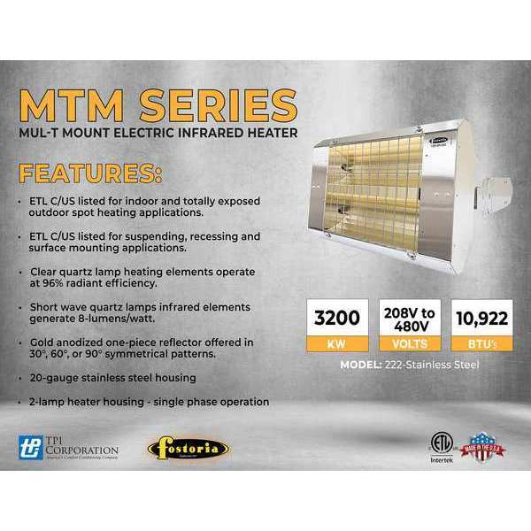 Infrared Quartz Electric Heater, Stainless Steel, 208 V