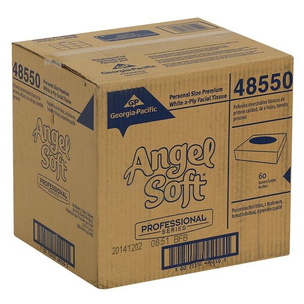 Facial Tissue. Angel Soft Professional Series, 2 Ply, 5 1/2 in x 7 1/4 in, 50 Sheets/Box, 60 Pack