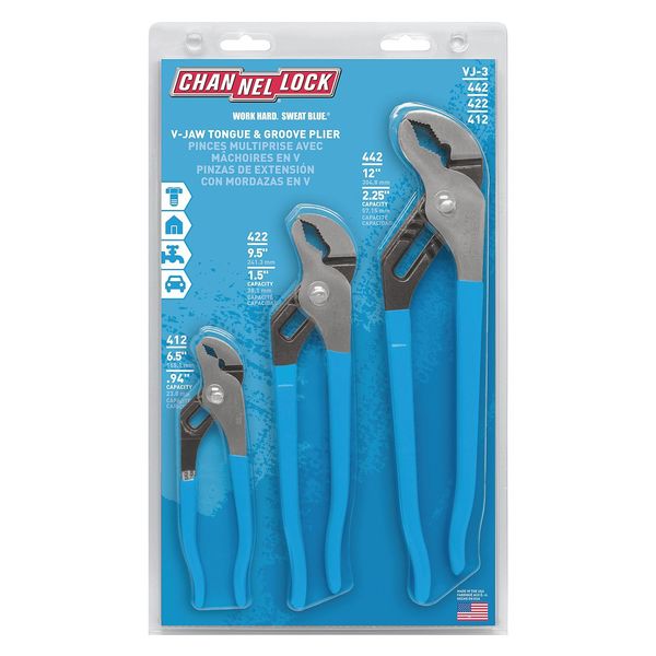 3 Piece Plastic Grip Tongue and Groove Plier Set Dipped Handle