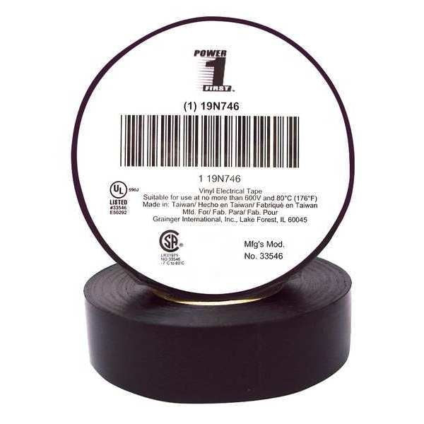 Vinyl Electrical Tape, 3/4 in W x 60 ft L, 7 mil Thick, Black, 1 Pk