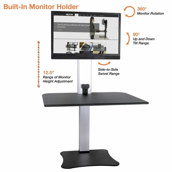 Electric Single Monitor Standing Desk, 23 in D, 28 in W, Yes H, Black, Aluminum