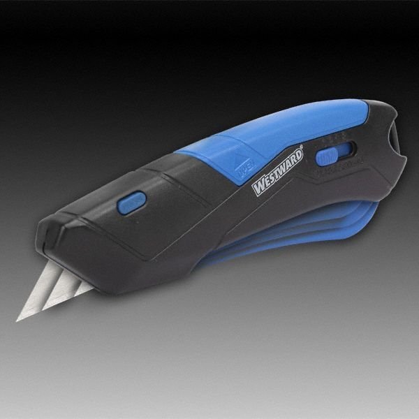 Safety Knife, Self-Retracting, Multipurpose, Straight Steel Blade, Plastic Handle, Blue/Black