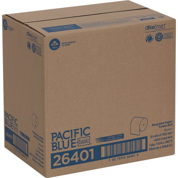 Pacific Blue Basic Hardwound Paper Towels, Continuous Roll, 7 7/8 in W, 350 ft L, Brown, 12 Pack