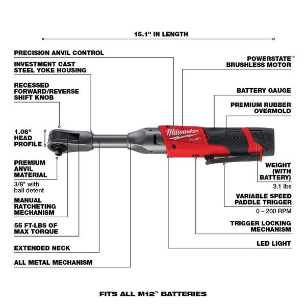 Ratchet, Cordless, Straight, 3/8