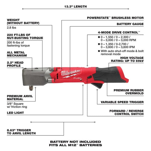 Impact Wrench, Cordless, 12V DC, 3000 RPM