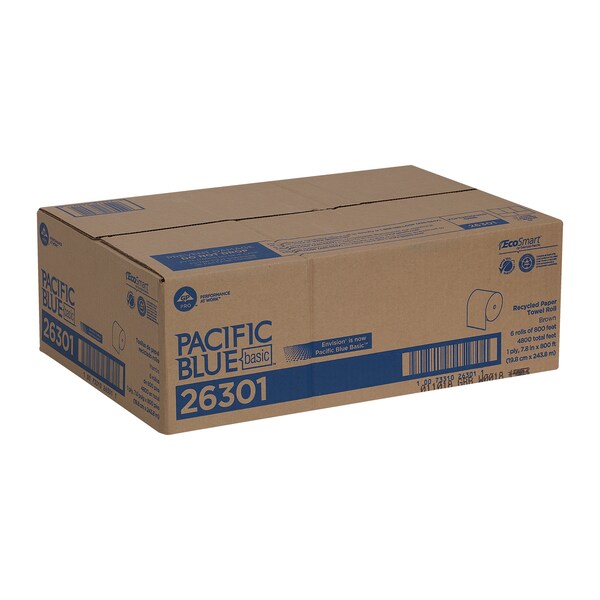 Pacific Blue Basic Hardwound Paper Towels, Continuous Roll, 7 7/8 in W, 800 ft, Brown, 6 Pack
