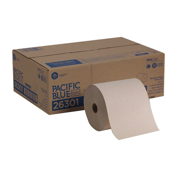 Pacific Blue Basic Hardwound Paper Towels, Continuous Roll, 7 7/8 in W, 800 ft, Brown, 6 Pack