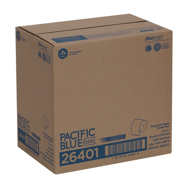 Pacific Blue Basic Hardwound Paper Towels, Continuous Roll, 7 7/8 in W, 350 ft L, Brown, 12 Pack