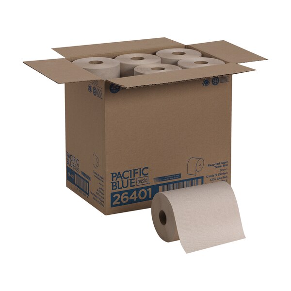 Pacific Blue Basic Hardwound Paper Towels, Continuous Roll, 7 7/8 in W, 350 ft L, Brown, 12 Pack