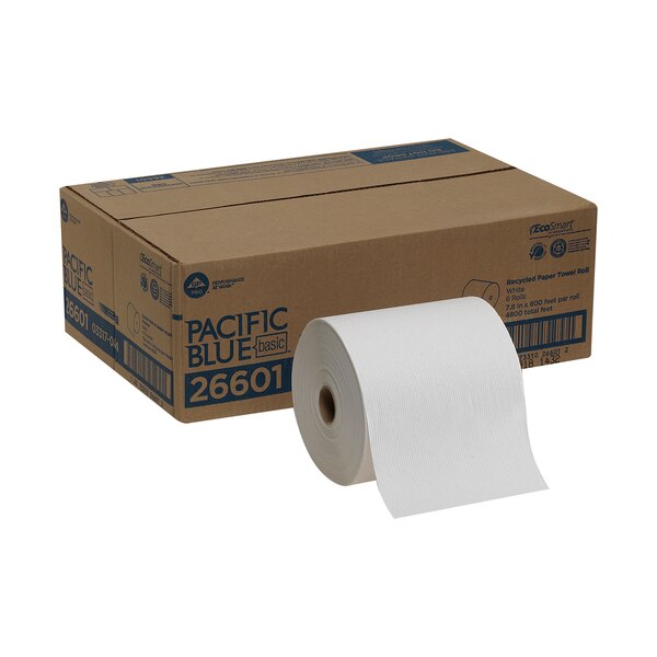 Pacific Blue Basic Hardwound Paper Towels, 1, Continuous Roll, 800 ft, White, 6 PK