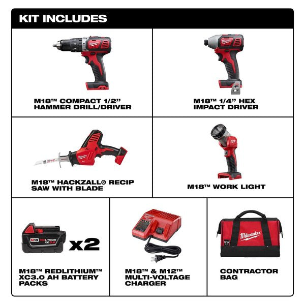 Cordless Combo Kit, 18.0 V, 4 Tools, 3 Batt