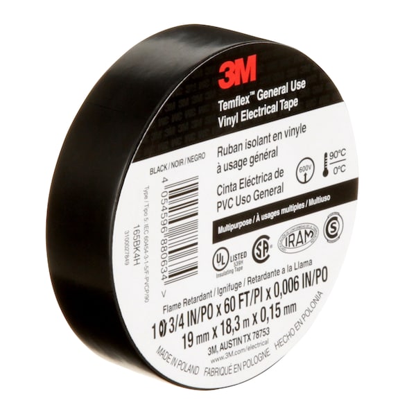Vinyl Electrical Tape, 3/4 in W x 60 ft L, 6 mil Thick, Black, 1 Pk