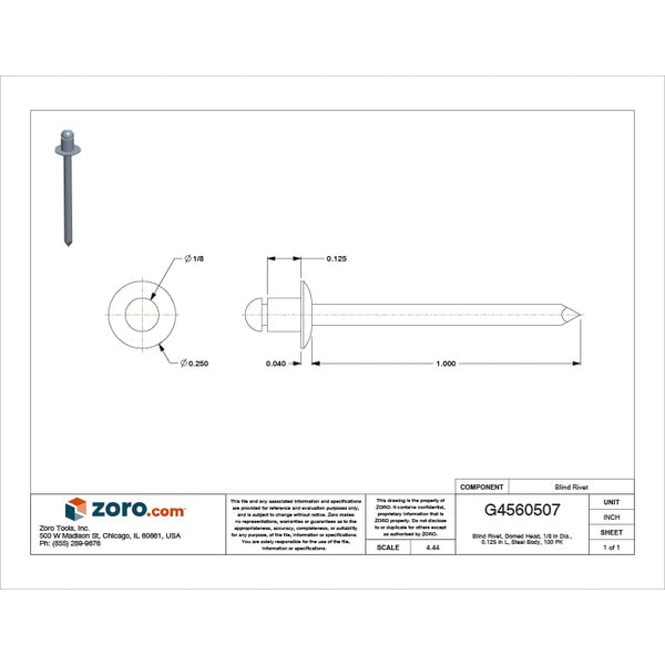 Blind Rivet, Dome Head, 1/8 in Dia., 1/8 in L, Steel Body, 100 PK