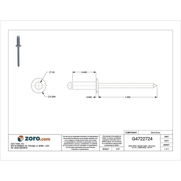 Blind Rivet, Dome Head, 1/8 in Dia., 13/32 in L, Steel Body, 100 PK