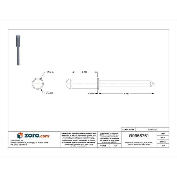 Blind Rivet, Dome Head, 3/16 in Dia., 1/2 in L, Aluminum Body, 50 PK