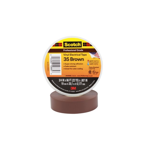 Vinyl Electrical Tape, 35, Scotch, 3/4 in W x 66 ft L, 7 mil thick, Brown, 1 Pack