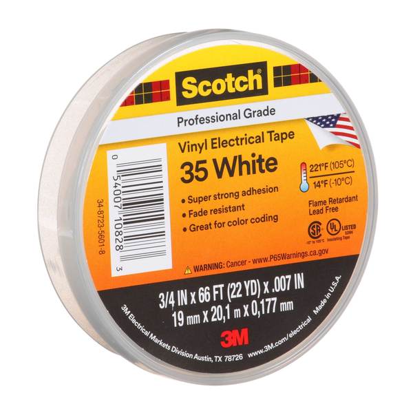 Vinyl Electrical Tape, 35, Scotch, 3/4 in W x 66 ft L, 7 mil thick, White, 1 Pack