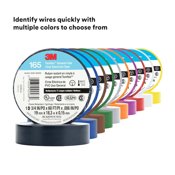 Vinyl Electrical Tape, 3/4 in W x 60 ft L, 6 mil Thick, Black, 1 Pk