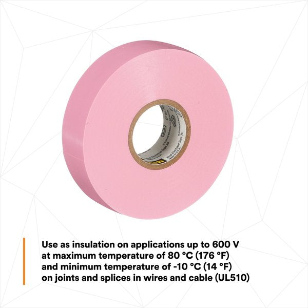 Vinyl Electrical Tape, 35, Scotch, 3/4 in W x 66 ft L, 7 mil thick, Pink, 1 Pack