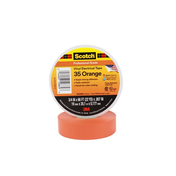 Vinyl Electrical Tape, 35, Scotch, 3/4 in W x 66 ft L, 7 mil thick, Orange, 1 Pack
