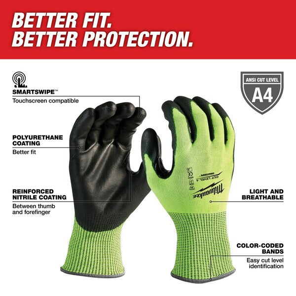 12PK High Visibility Cut Level 4 Polyurethane Dipped Gloves - S