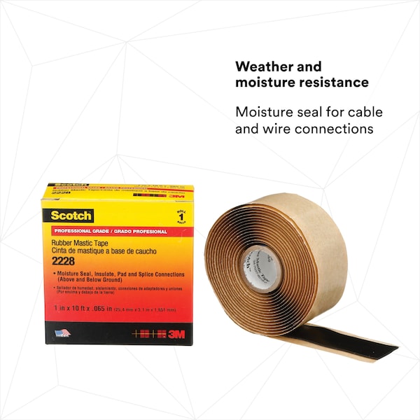Rubber Mastic Electrical Tape, 2228, Scotch, 1 in W x 10 ft L, 65 mil Thick, Black, 1 Pack
