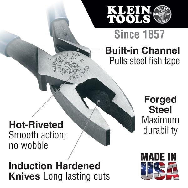9 3/8 in 2000(TM) Linemans Plier High Leverage w/ Fish Tape Puller , Steel