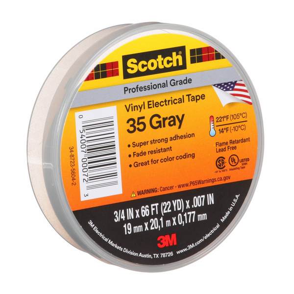 Vinyl Electrical Tape, 35, Scotch, 3/4 in W x 66 ft L , 7 mil thick, Gray, 1 Pack