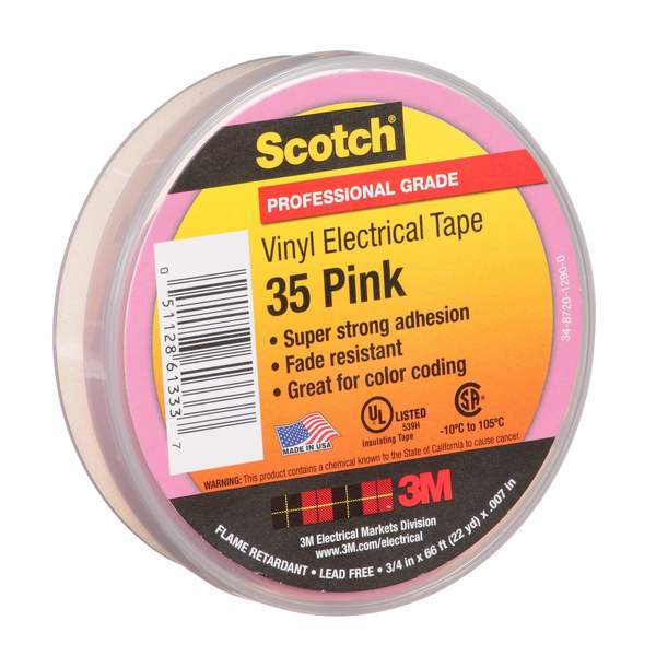 Vinyl Electrical Tape, 35, Scotch, 3/4 in W x 66 ft L, 7 mil thick, Pink, 1 Pack