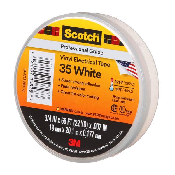 Vinyl Electrical Tape, 35, Scotch, 3/4 in W x 66 ft L, 7 mil thick, White, 1 Pack