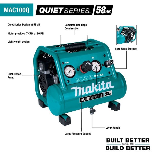 Quiet Series Electric Air Compressor, 1/2 HP, 1.0Gal, Oil-Free
