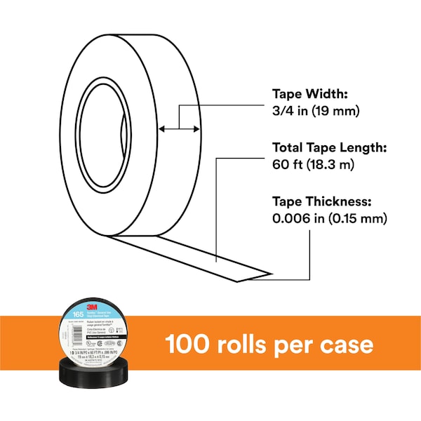 Vinyl Electrical Tape, 3/4 in W x 60 ft L, 6 mil Thick, Black, 1 Pk