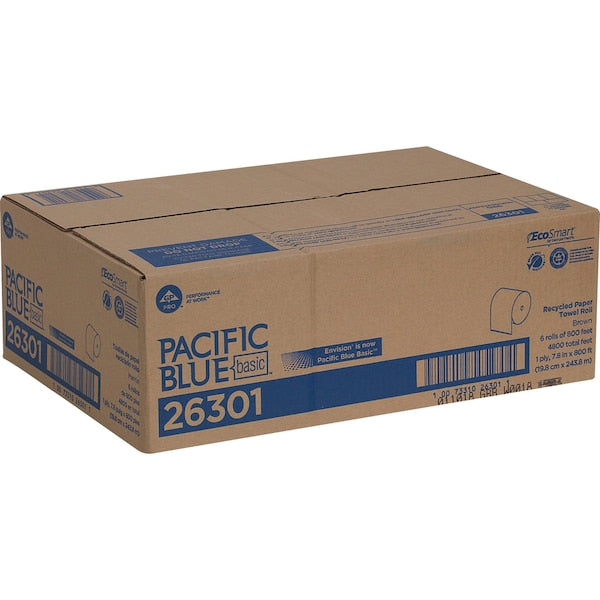 Pacific Blue Basic Hardwound Paper Towels, Continuous Roll, 7 7/8 in W, 800 ft, Brown, 6 Pack